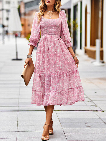 Woochic mi-longue robe imprimé à fleurie à volantée col carré bohème mode Rose S